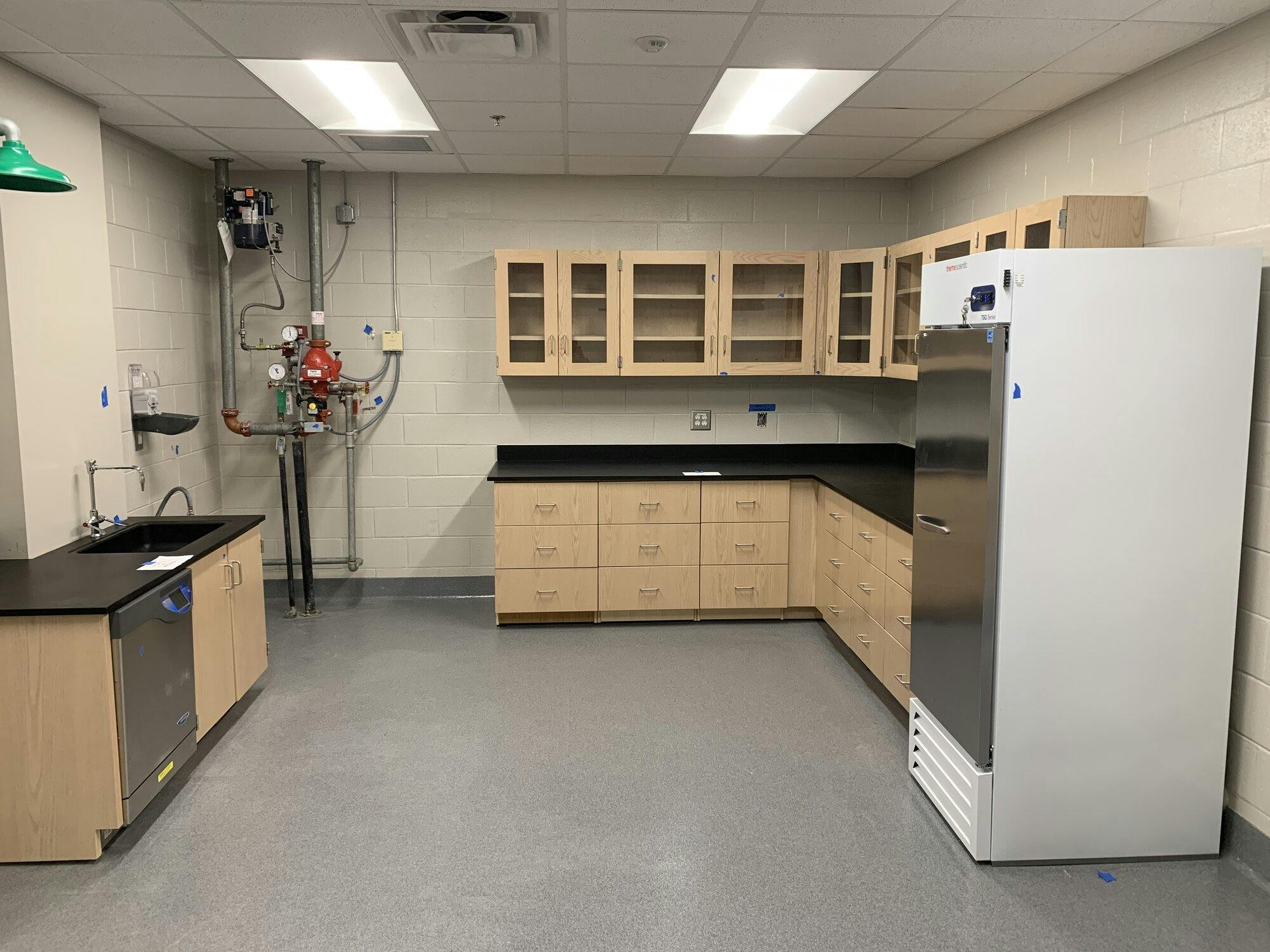 Additional work space inside lab classroom with door. Main gas lines that feed to the workstations in adjacent science lab room.