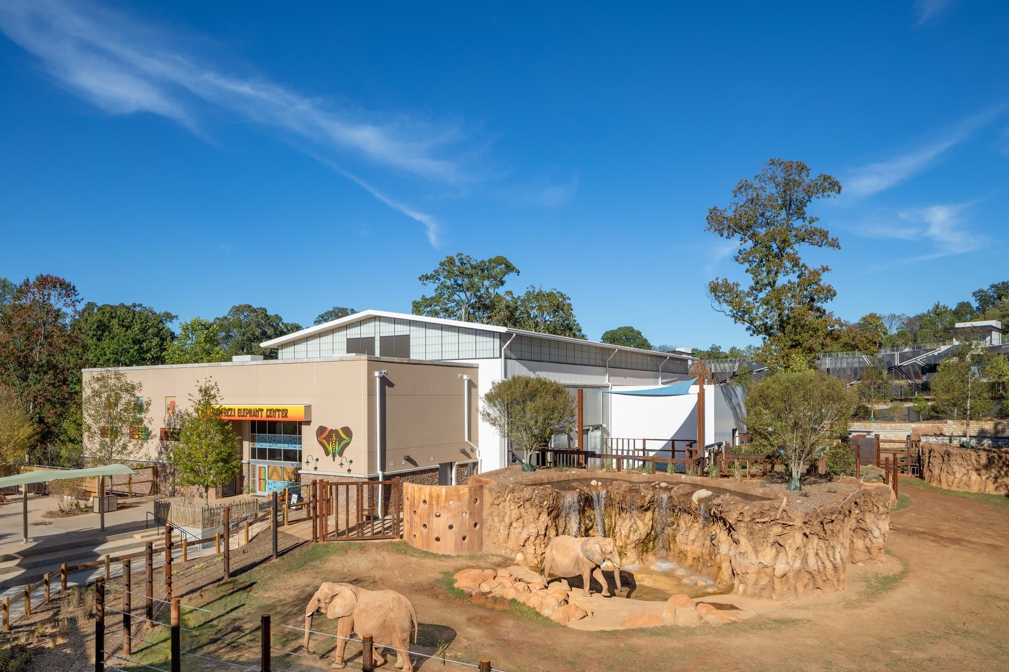 Exterior of the Atlanta Zoo Elephant barn showing the front of the building and the elephant enclosure