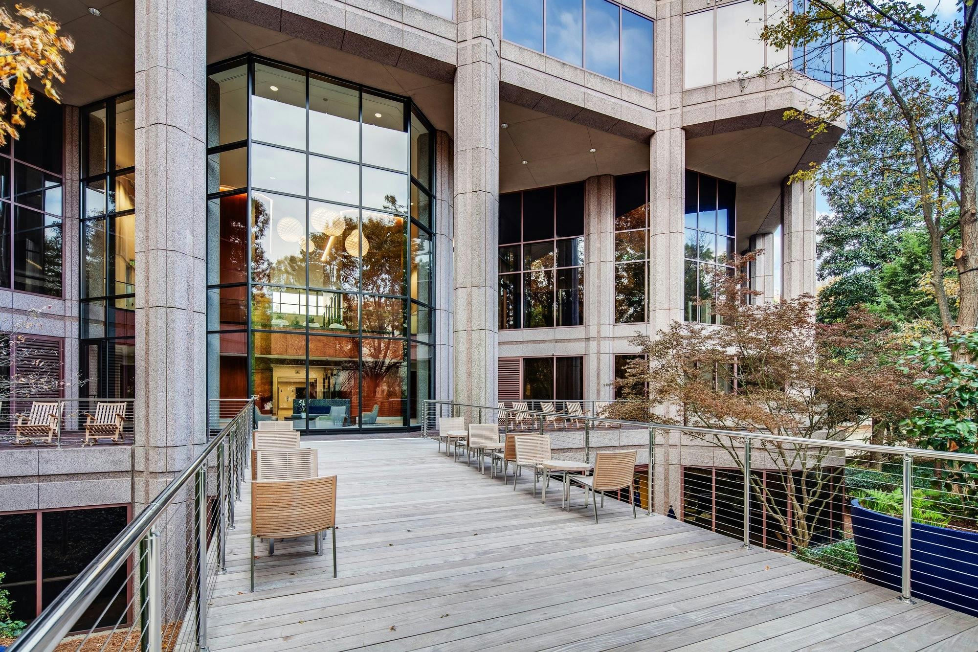 bridge leading to the Piedmont Center with lots of chairs to sit and enjoy the view