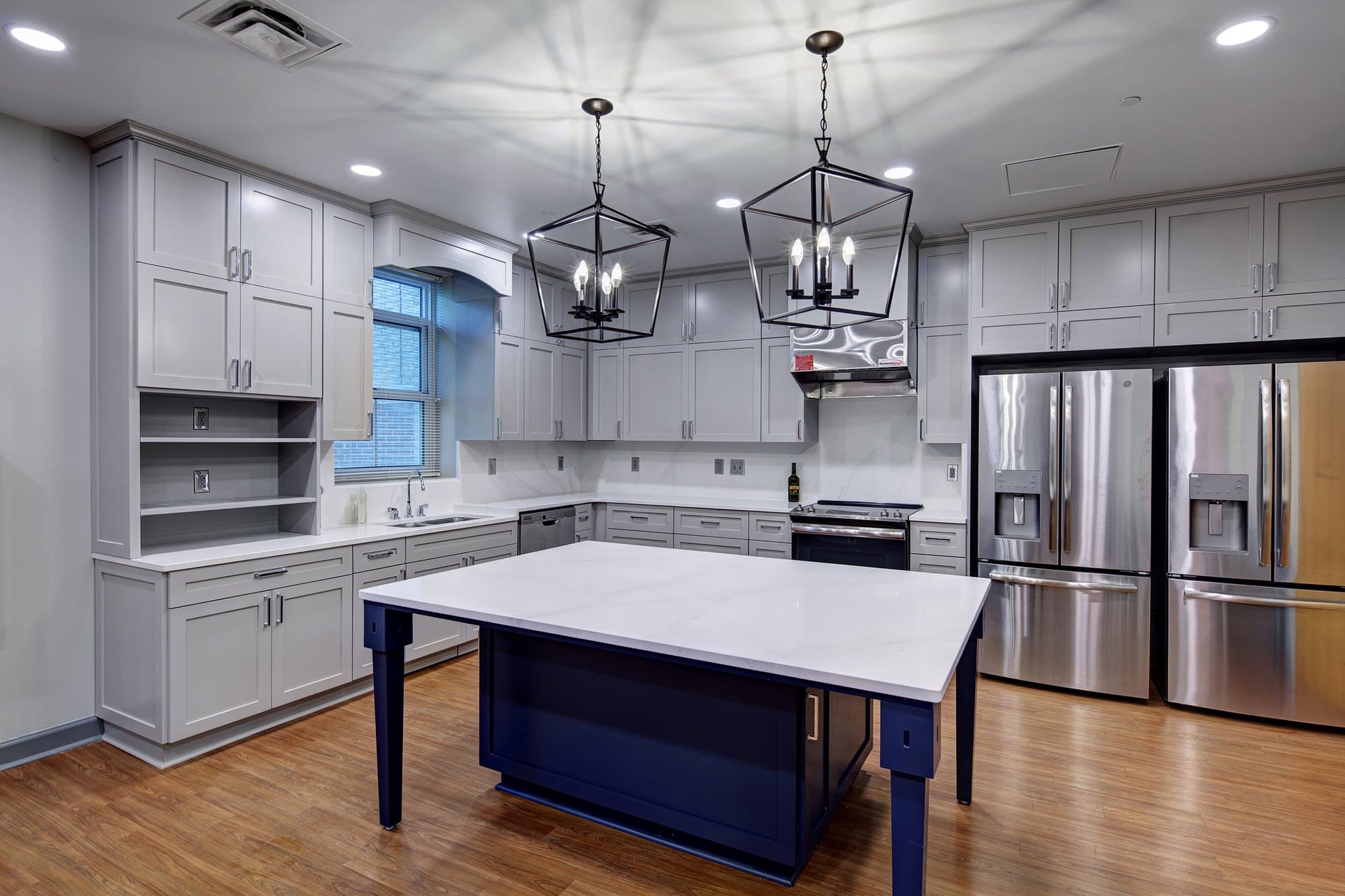 Sorority lodge kitchen area with countertop.