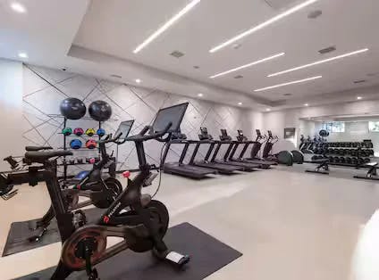 A gym with white floors and ceiling with a graphic lined backdrop wall with recessed lighting. Mirrors along one wall with multiple treadmills, bikes, and various gym equipment.