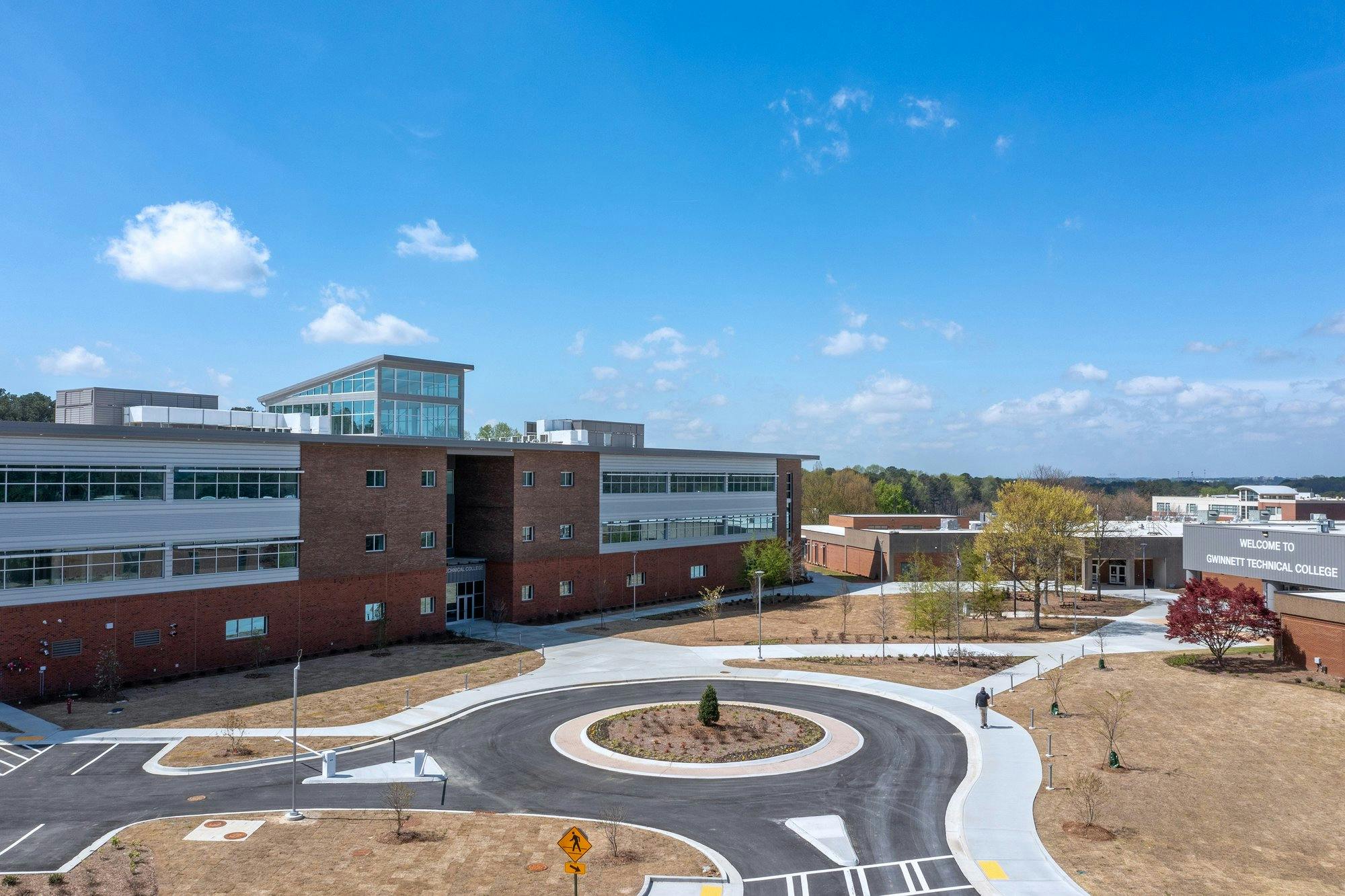 Aerial view of campus with roundabout.