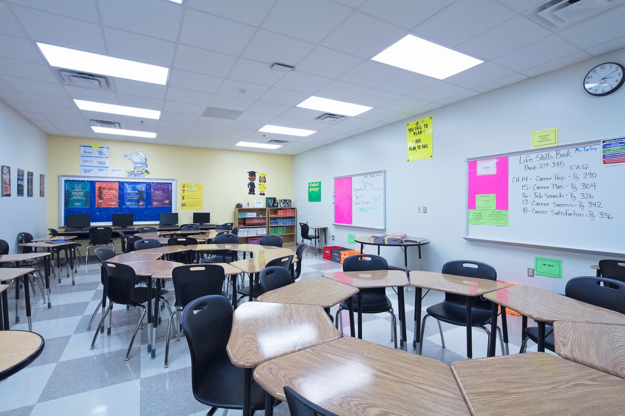 Desks neatly grouped into circles in a classroom.