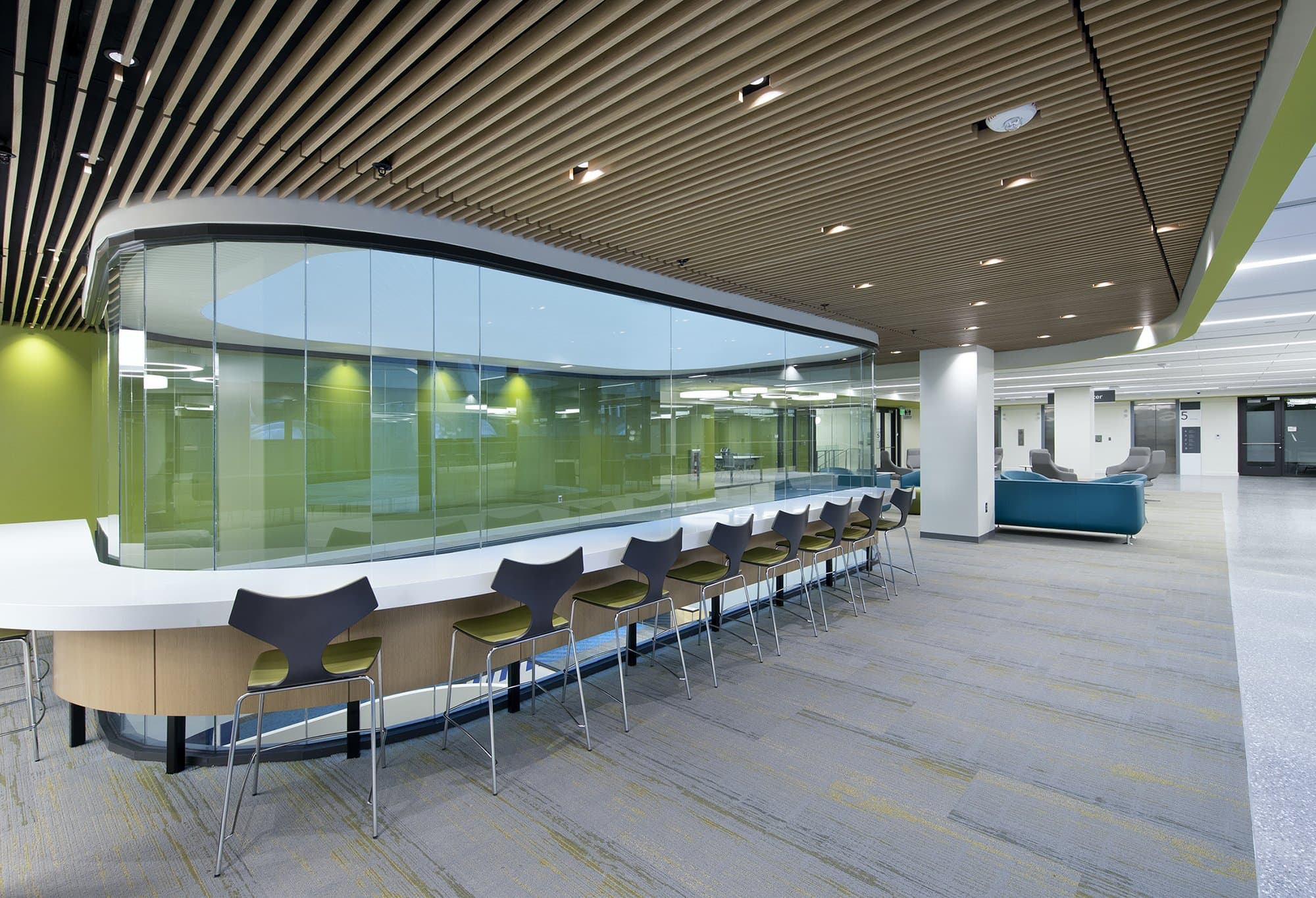 high-top seating area inside of a library.